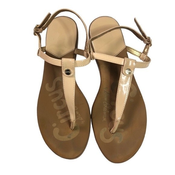 Circus By Sam Edelman Cayden Nude Patent Faux Leather Thong Strap Sandals. - Picture 1 of 6